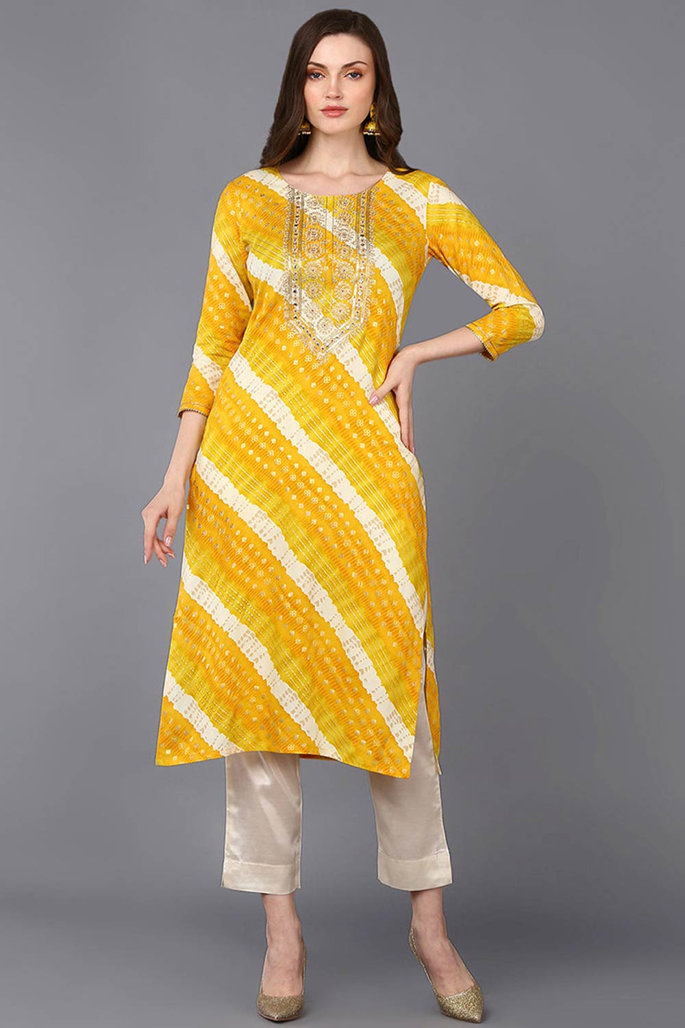 Yellow Rayon Floral Print Round Neck KurtI Set