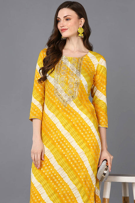 Yellow Rayon Floral Print Round Neck KurtI Set