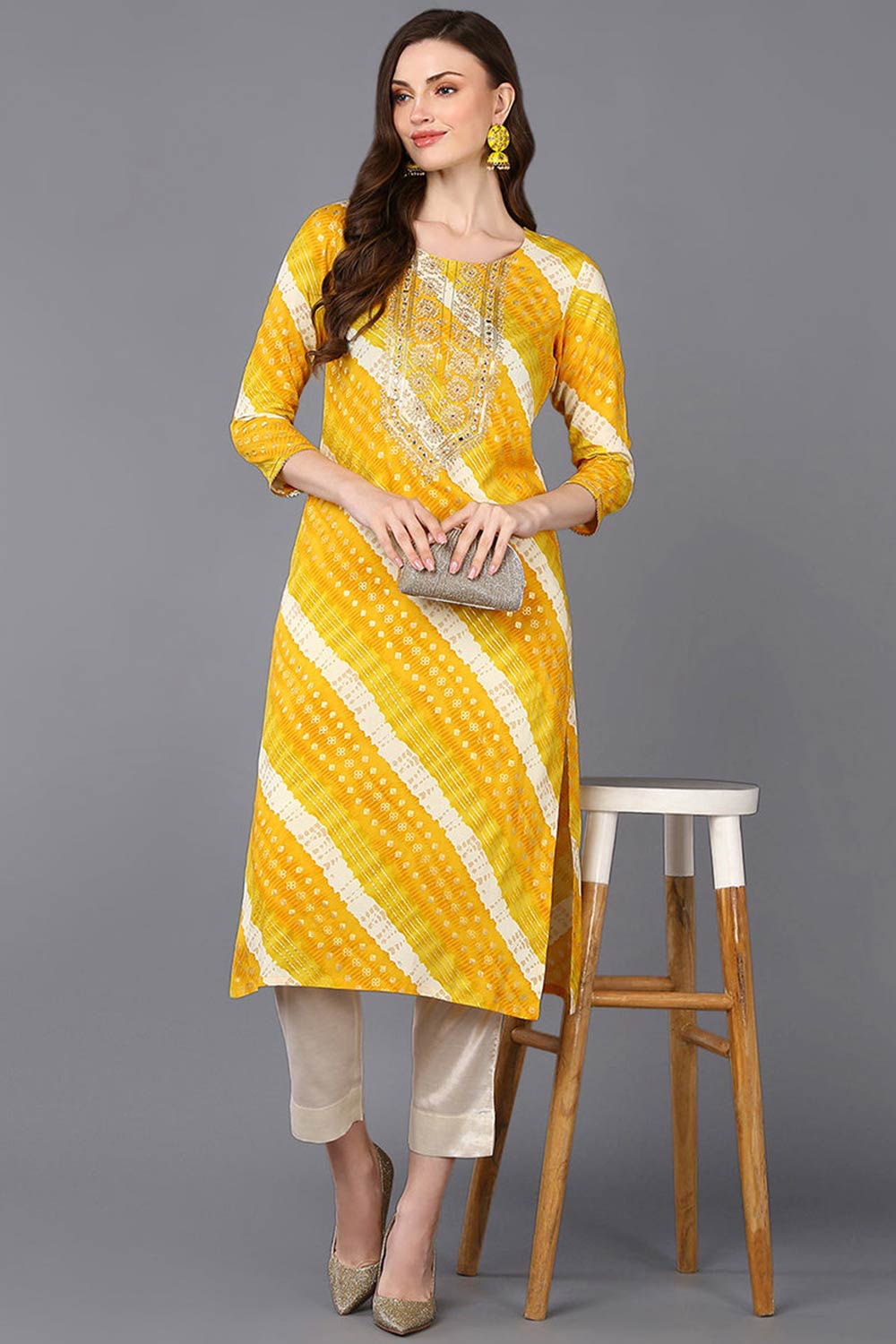 Yellow Rayon Floral Print Round Neck KurtI Set