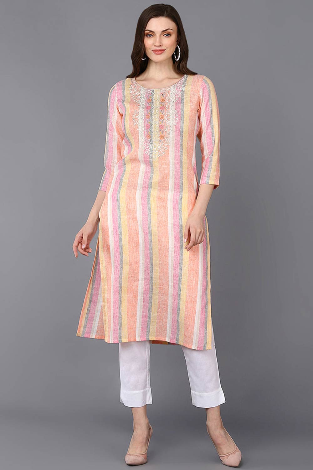 Multi-Color Cotton Stripe Straight Fit KurtI Set