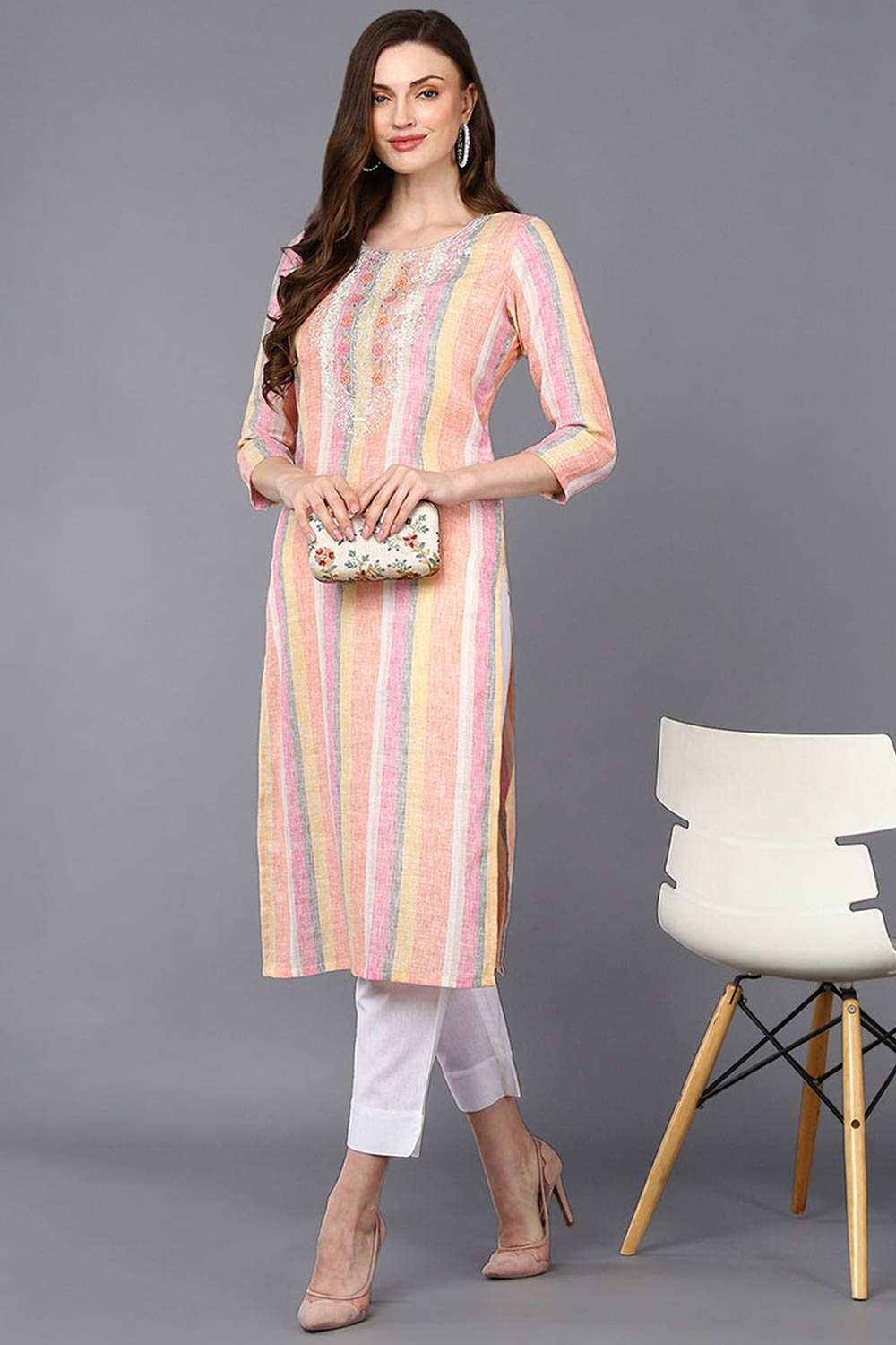 Multi-Color Cotton Stripe Straight Fit KurtI Set