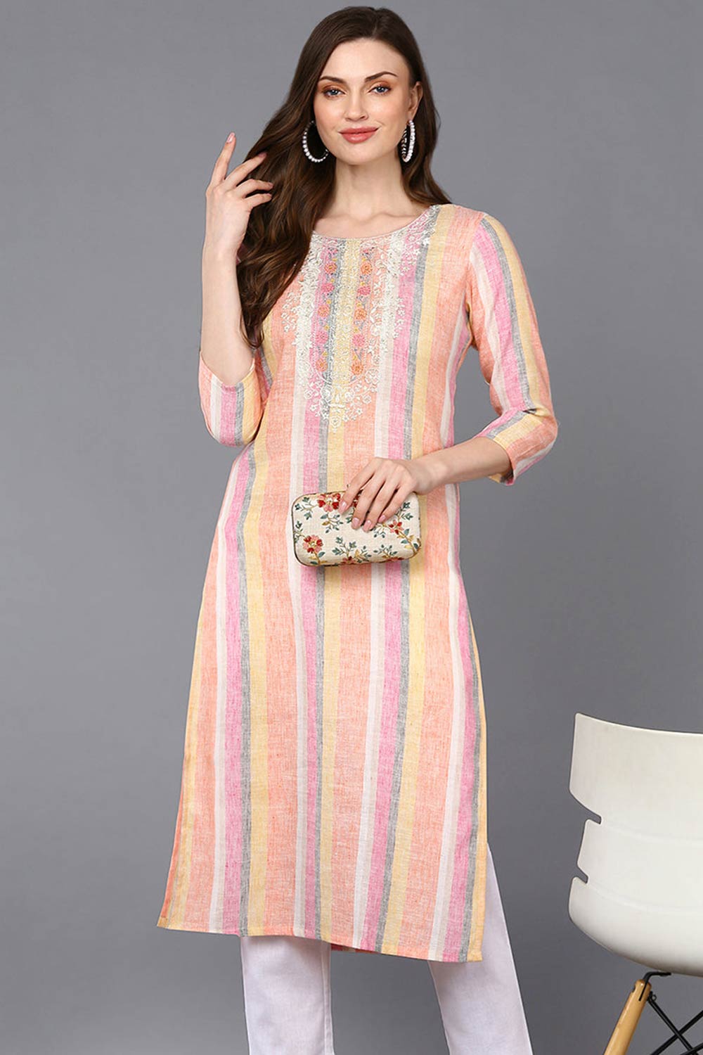 Multi-Color Cotton Stripe Straight Fit KurtI Set