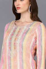 Multi-Color Cotton Stripe Straight Fit KurtI Set