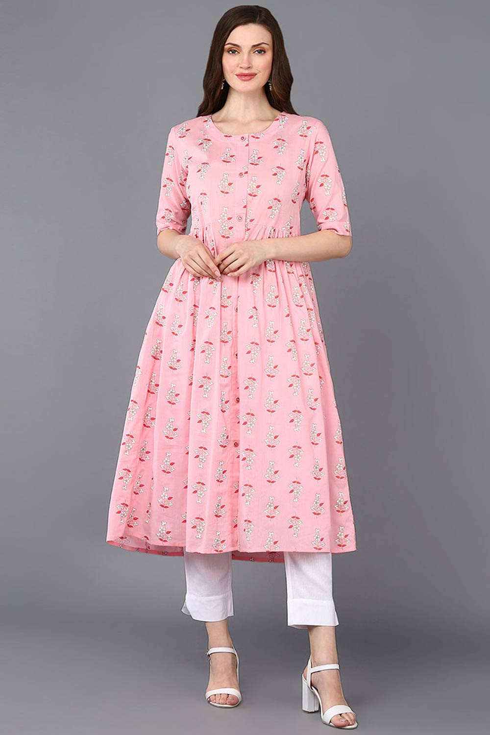 Pink Cotton Printed Flared Fit KurtI Set