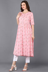 Pink Cotton Printed Flared Fit KurtI Set