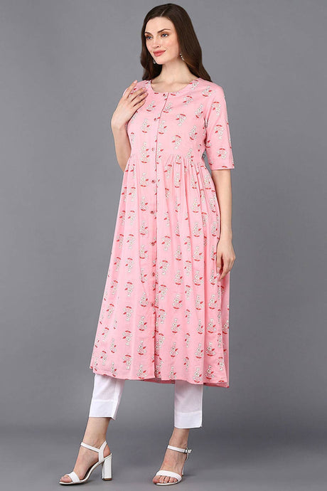 Pink Cotton Printed Flared Fit KurtI Set