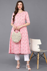 Pink Cotton Printed Flared Fit KurtI Set