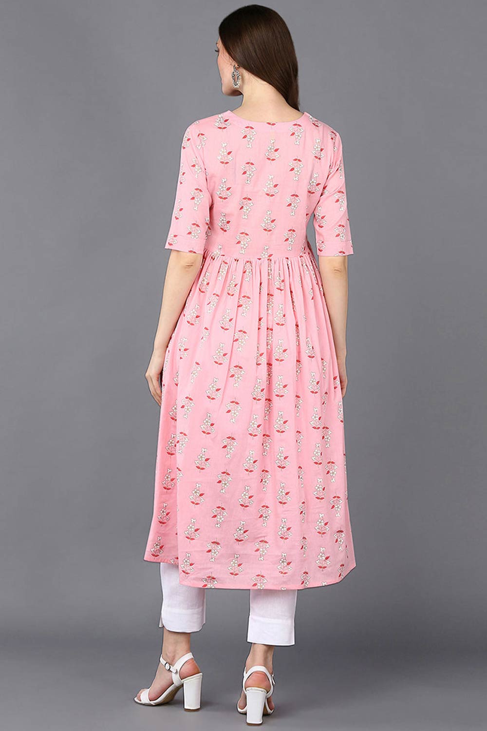 Pink Cotton Printed Flared Fit KurtI Set