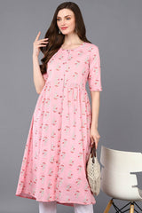 Pink Cotton Printed Flared Fit KurtI Set