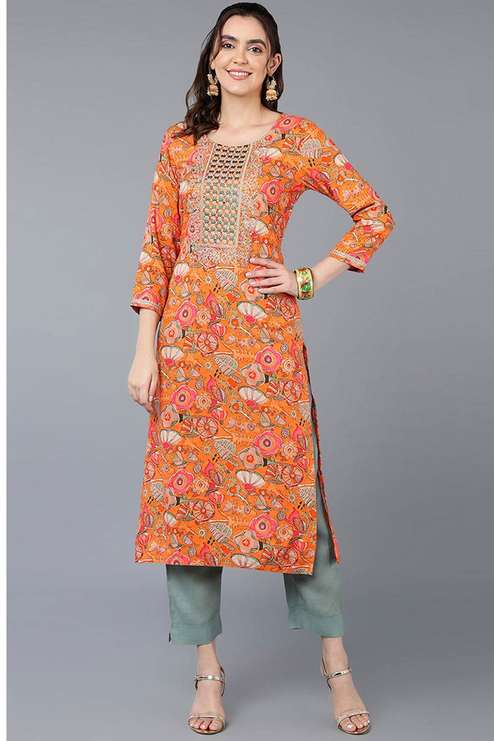 Orange Rayon Floral Print Round Neck KurtI Set