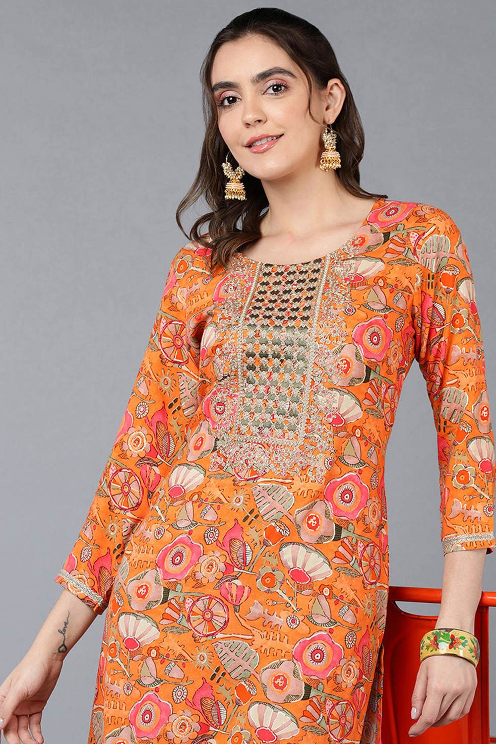 Orange Rayon Floral Print Round Neck KurtI Set