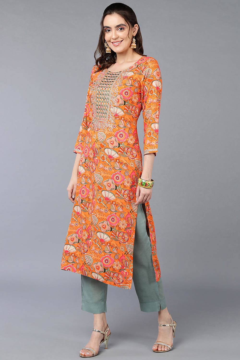 Orange Rayon Floral Print Round Neck KurtI Set