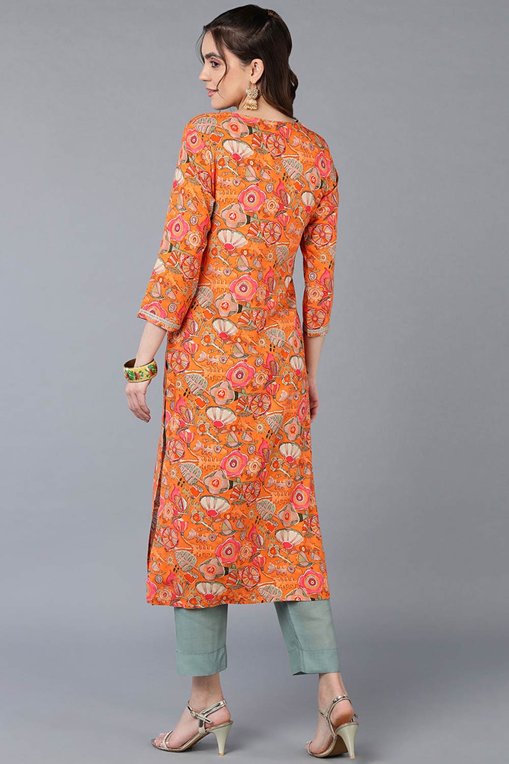 Orange Rayon Floral Print Round Neck KurtI Set