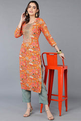 Orange Rayon Floral Print Round Neck KurtI Set