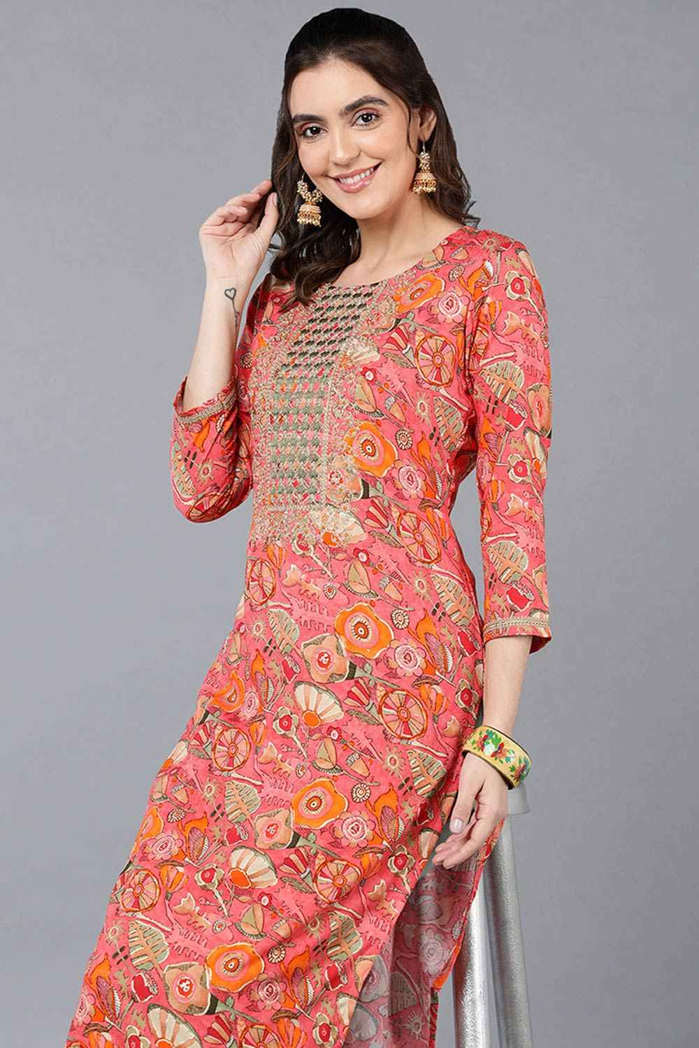 Pink Rayon Floral Print Round Neck KurtI Set