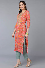 Pink Rayon Floral Print Round Neck KurtI Set