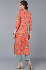 Pink Rayon Floral Print Round Neck KurtI Set