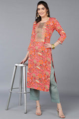 Pink Rayon Floral Print Round Neck KurtI Set