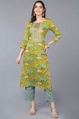 Green Rayon Floral Straight Fit KurtI Set