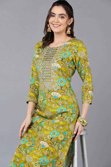 Green Rayon Floral Straight Fit KurtI Set