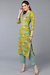 Green Rayon Floral Straight Fit KurtI Set