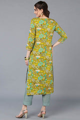 Green Rayon Floral Straight Fit KurtI Set