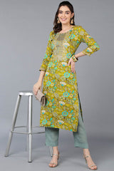 Green Rayon Floral Straight Fit KurtI Set