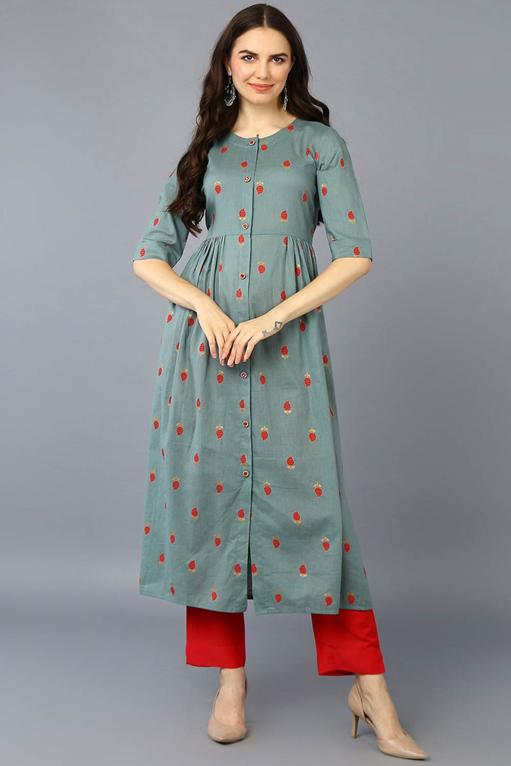 Green Cotton Bandhani Round Neck KurtI Set