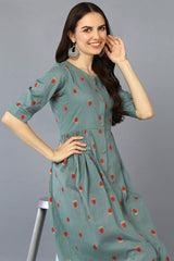 Green Cotton Bandhani Round Neck KurtI Set