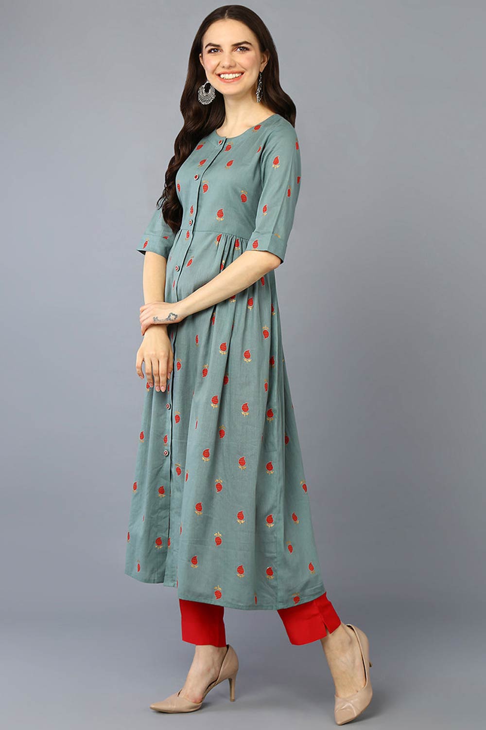 Green Cotton Bandhani Round Neck KurtI Set