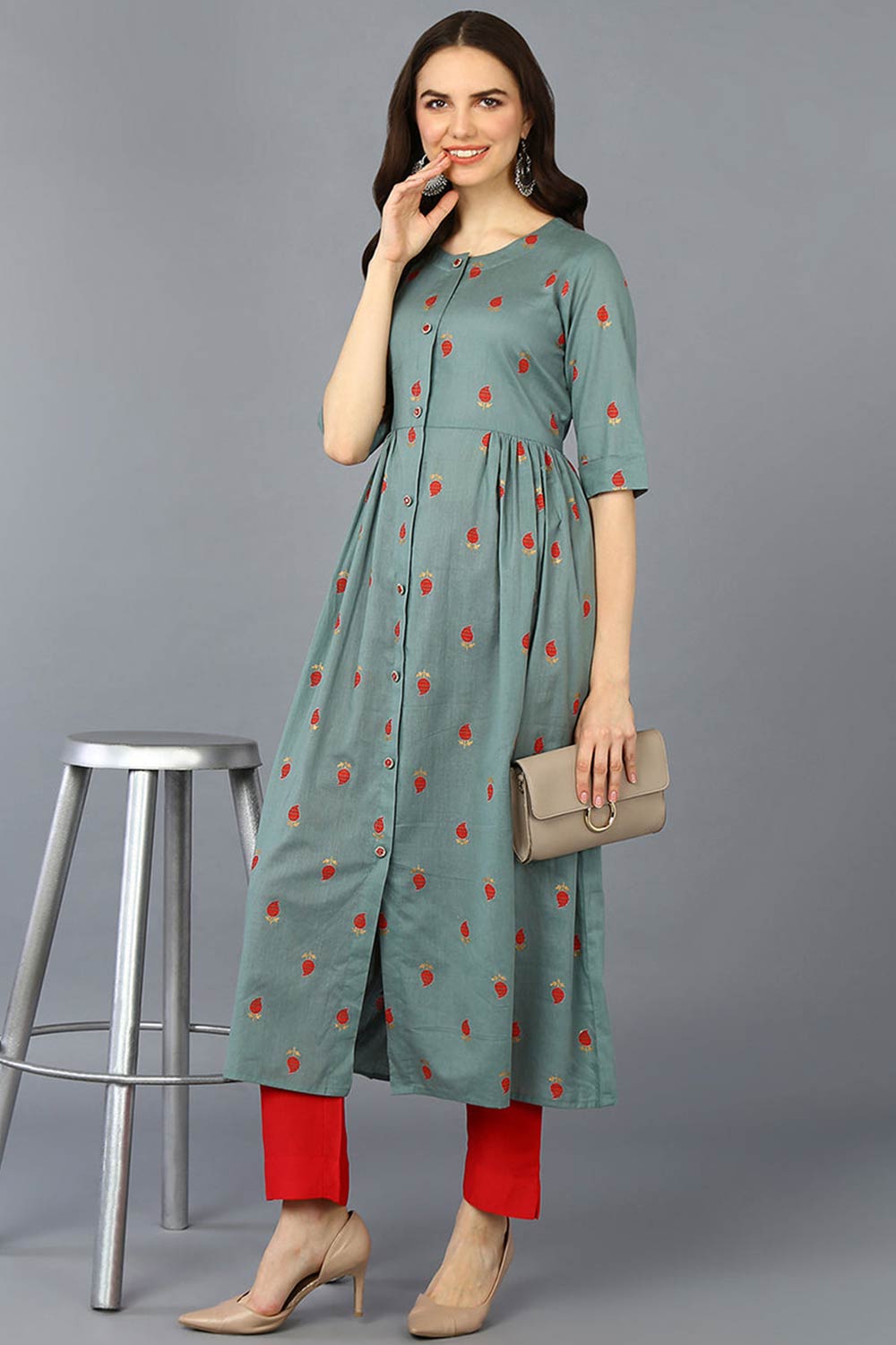 Green Cotton Bandhani Round Neck KurtI Set