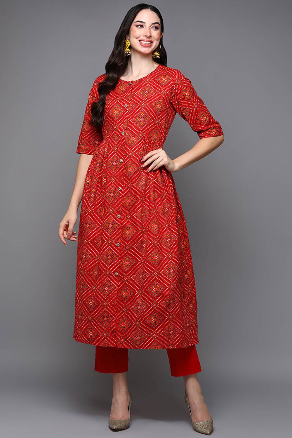 Red Cotton Floral Print Round Neck KurtI Set