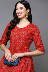 Red Cotton Floral Print Round Neck KurtI Set