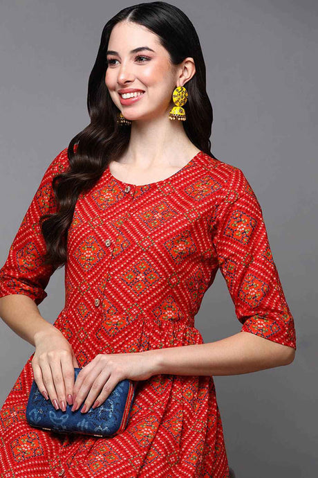 Red Cotton Floral Print Round Neck KurtI Set