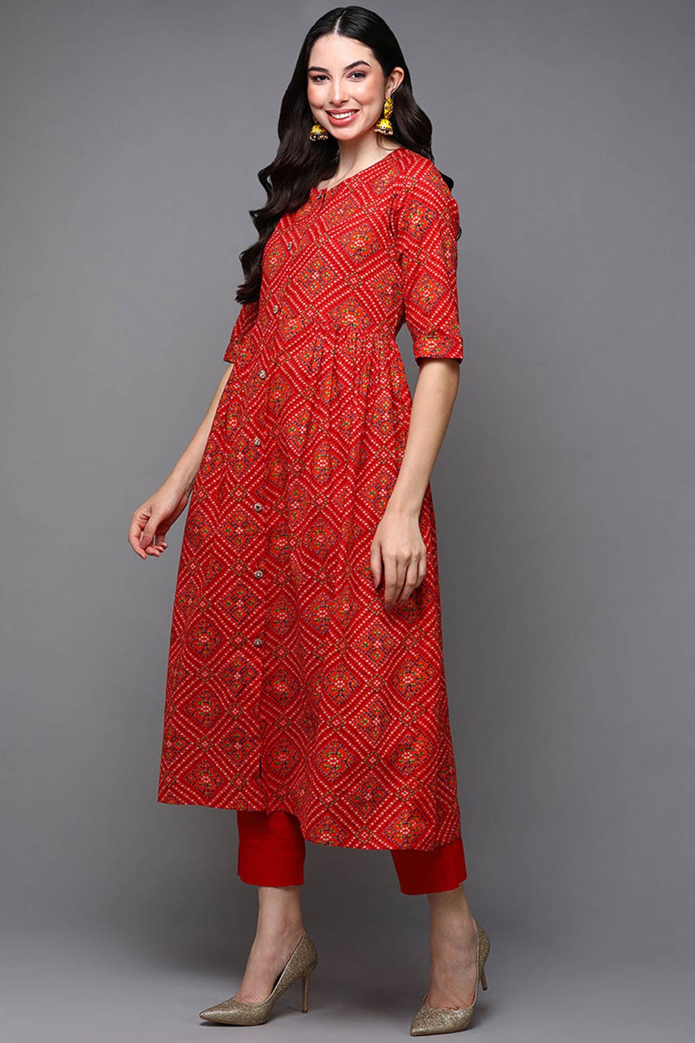 Red Cotton Floral Print Round Neck KurtI Set