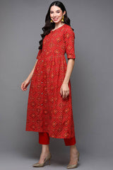 Red Cotton Floral Print Round Neck KurtI Set