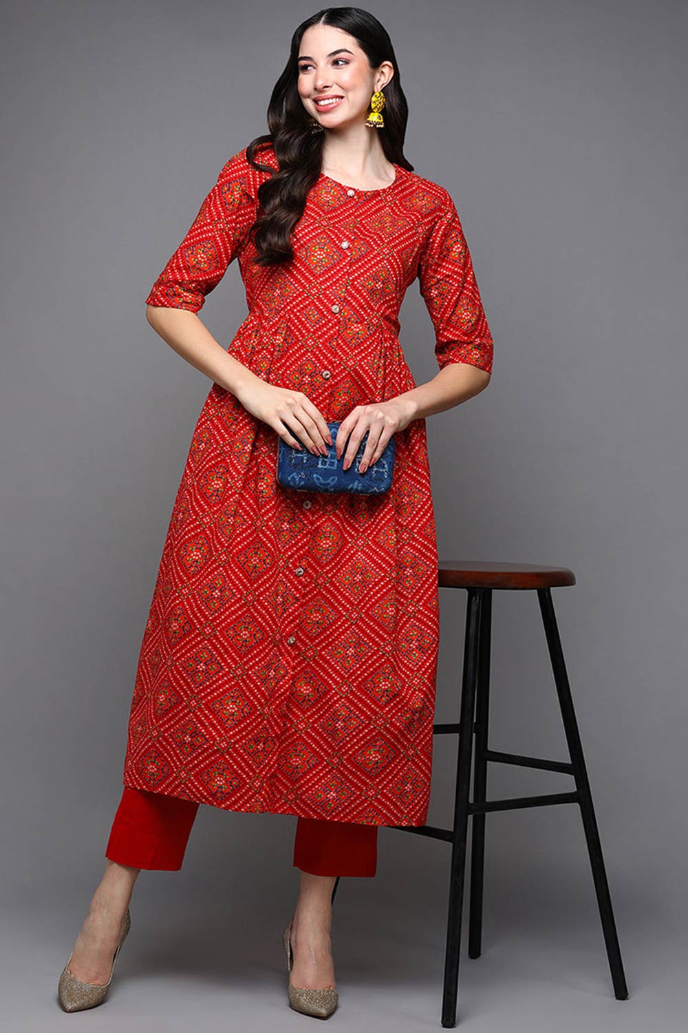 Red Cotton Floral Print Round Neck KurtI Set