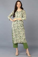 Green Rayon Embroidered Round Neck KurtI Set