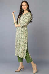 Green Rayon Embroidered Round Neck KurtI Set