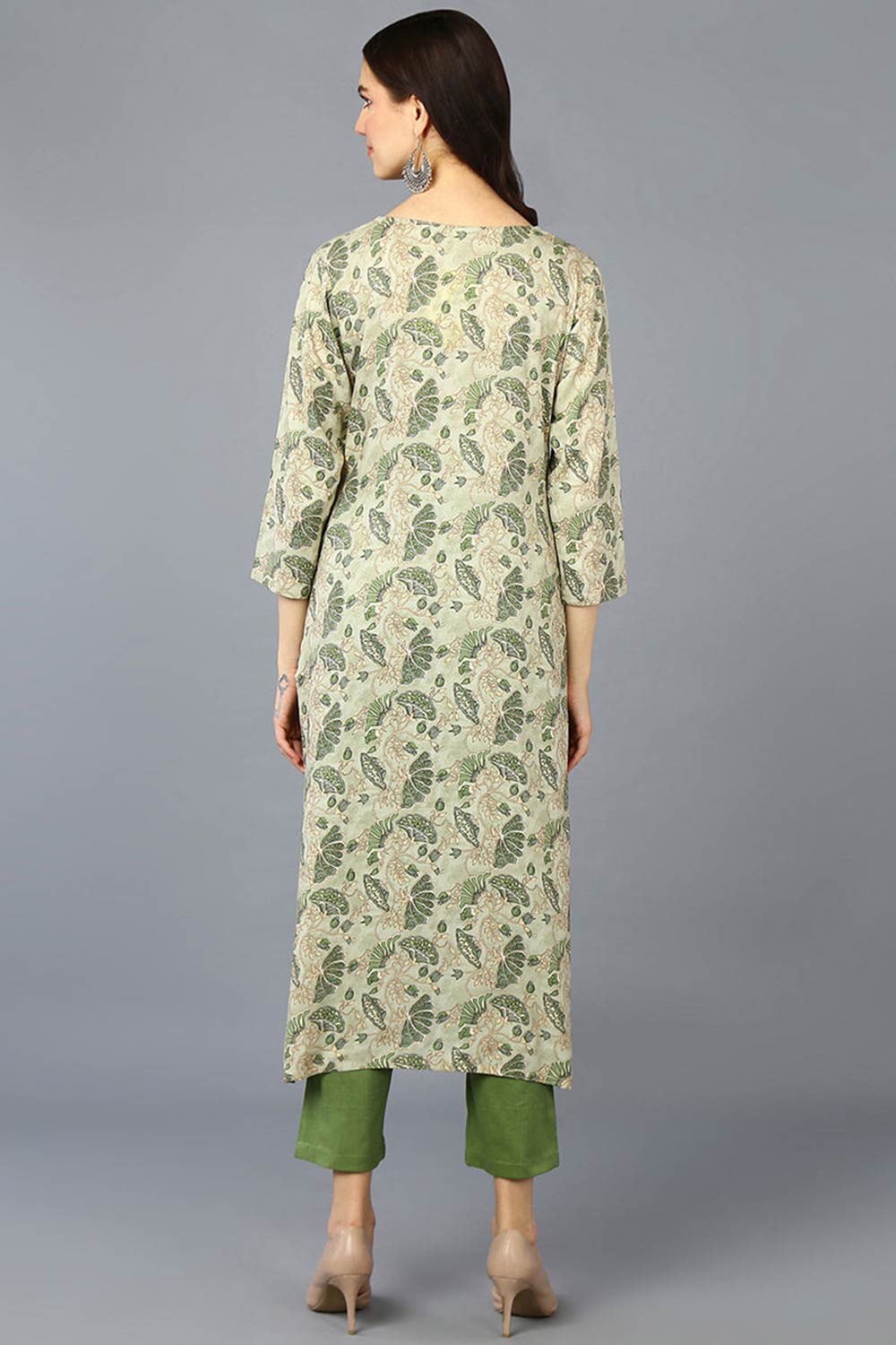 Green Rayon Embroidered Round Neck KurtI Set