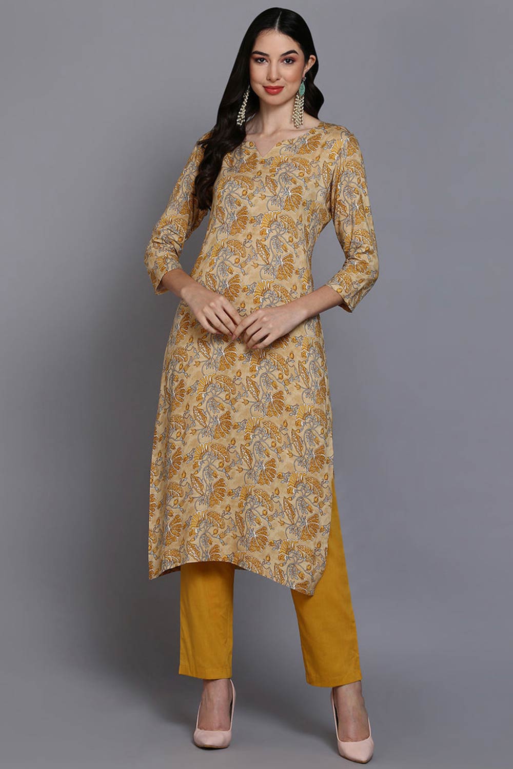 Yellow Rayon Floral Straight Fit KurtI Set