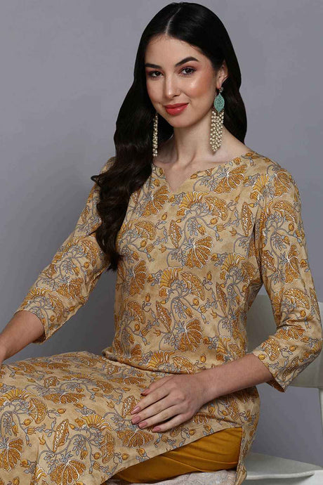 Yellow Rayon Floral Straight Fit KurtI Set