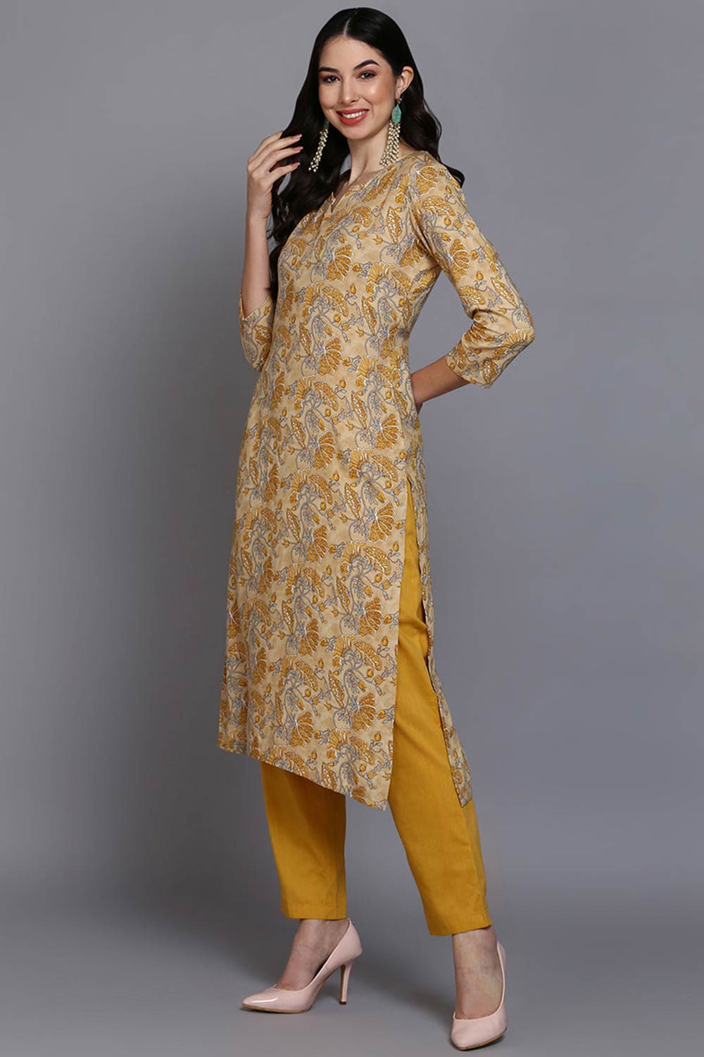 Yellow Rayon Floral Straight Fit KurtI Set