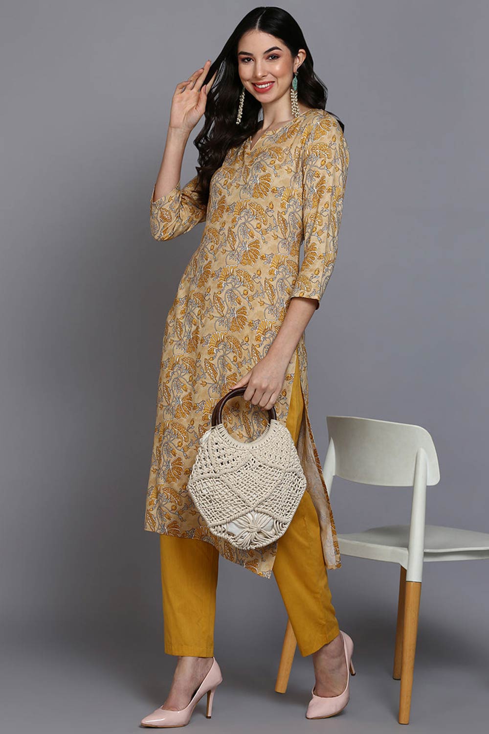 Yellow Rayon Floral Straight Fit KurtI Set