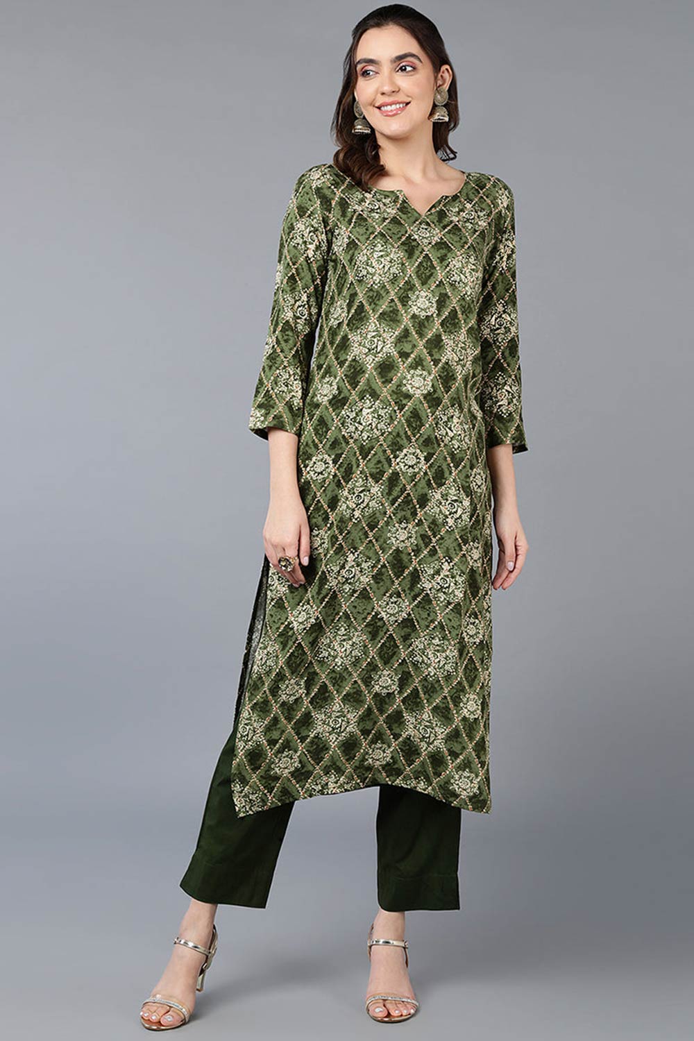 Green Rayon Printed Straight Fit KurtI Set