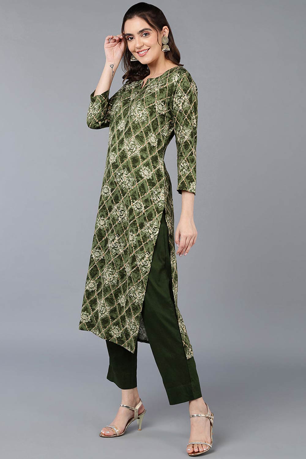 Green Rayon Printed Straight Fit KurtI Set