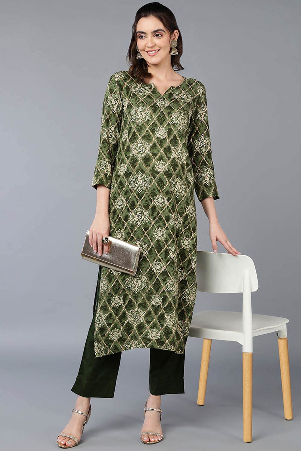 Green Rayon Printed Straight Fit KurtI Set