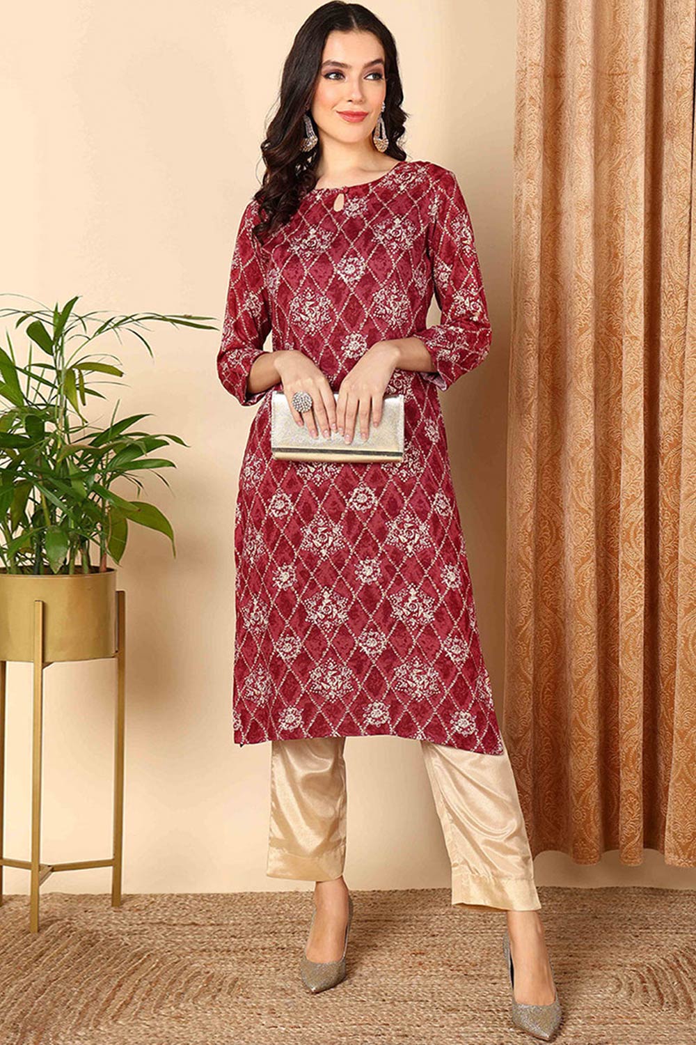 Red Rayon Embroidered Keyhole Neck KurtI Set