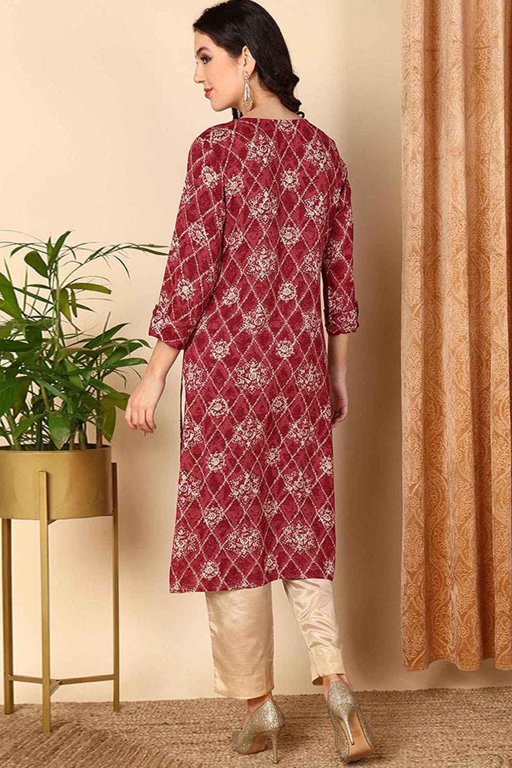 Red Rayon Embroidered Keyhole Neck KurtI Set