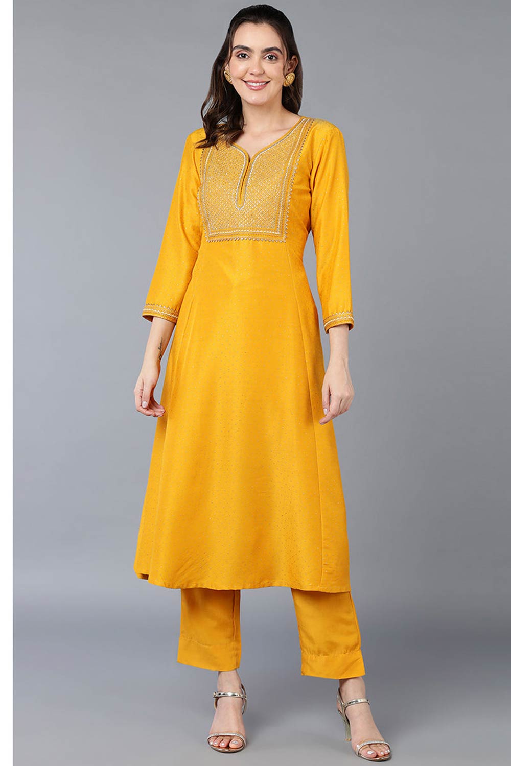 Yellow Silk Blend V Neck KurtI Set